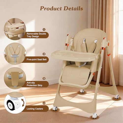 GPOAS 3-in-1 Baby High Chair with Soothing Rocker | Convertible Baby High Chair for Toddlers | Brake Wheels, Easy Clean, Space Saving | Adjustable, Removable Tray (Brown) - Image 5