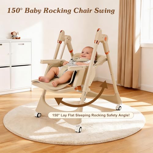 GPOAS 3-in-1 Baby High Chair with Soothing Rocker | Convertible Baby High Chair for Toddlers | Brake Wheels, Easy Clean, Space Saving | Adjustable, Removable Tray (Brown) - Image 2