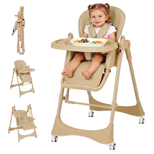 GPOAS 3-in-1 Baby High Chair with Soothing Rocker | Convertible Baby High Chair for Toddlers | Brake Wheels, Easy Clean, Space Saving | Adjustable, Removable Tray (Brown) - Image 1