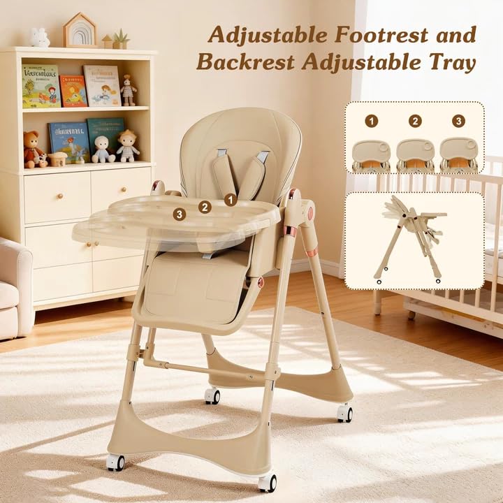 GPOAS 3-in-1 Baby High Chair with Soothing Rocker | Convertible Baby High Chair for Toddlers | Brake Wheels, Easy Clean, Space Saving | Adjustable, Removable Tray (Brown) - Image 3