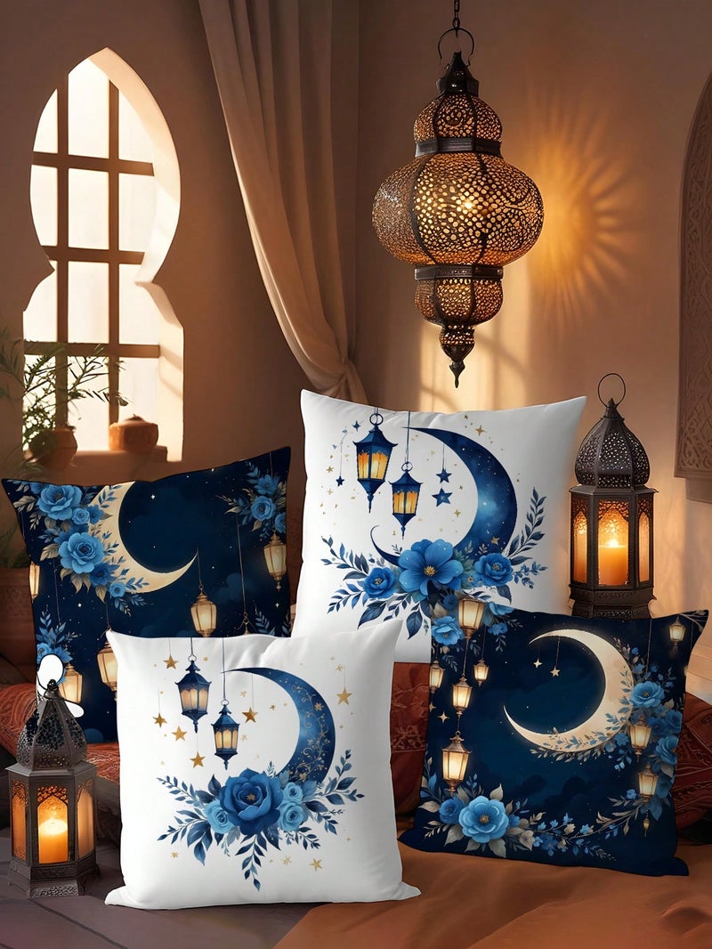 زينة رمضان طقم أغطية وسائد 4 قطع مقاس 45 × 45 سم بتصميم فوانيس وهلال باللون الأزرق - Image 2