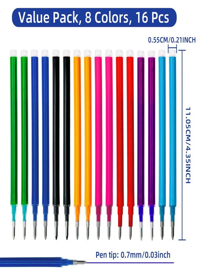 Jauisus 16 Pcs Erasable Gel Pen Refills, 0.7 mm Replacement Erasable Pen Refills Smooth Writing Retractable Fine Point Pen Refill for Art Drawing Writing, Office Home School Supplies (8 Colors) - Image 2