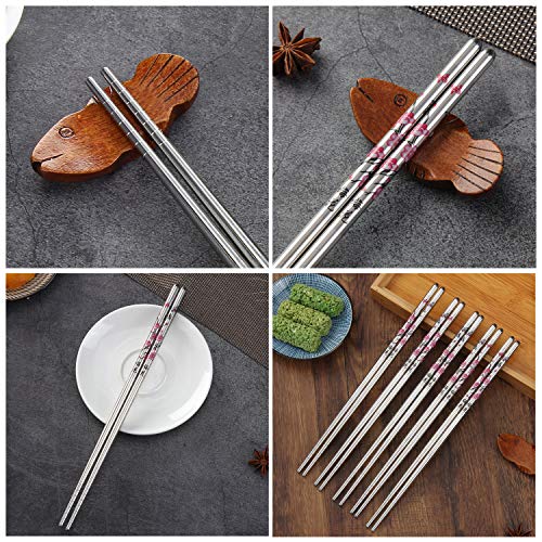HuaLan Stainless Steel Chopsticks, Metal Alloy Chopstick, Reusable Non-slip Design Chop Sticks, 5 Pairs Gift Set,Plum Pattern Design - Image 2