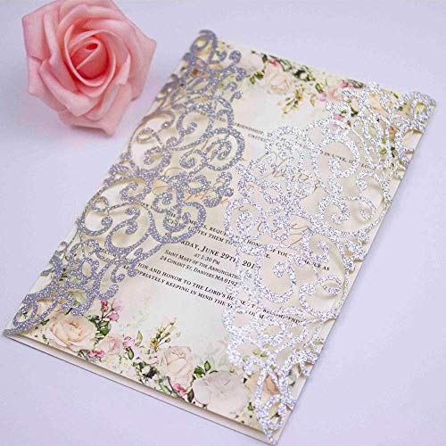 Lucky Star 50 pcs 250GSM Silver Glitter Wedding Invitations Cards Laser Cut Pocket Covers only, no envelope,no insert 5x7 - Image 3