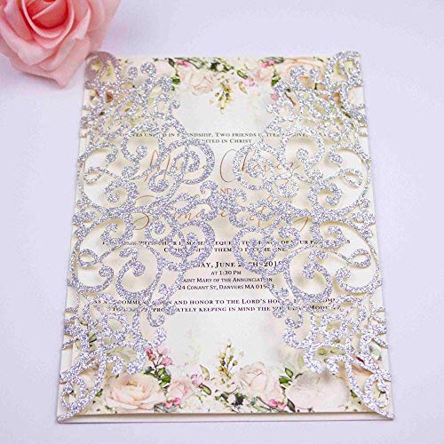 Lucky Star 50 pcs 250GSM Silver Glitter Wedding Invitations Cards Laser Cut Pocket Covers only, no envelope,no insert 5x7 - Image 4