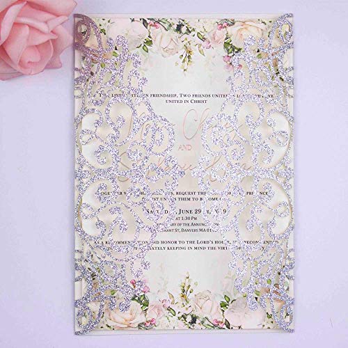 Lucky Star 50 pcs 250GSM Silver Glitter Wedding Invitations Cards Laser Cut Pocket Covers only, no envelope,no insert 5x7 - Image 5