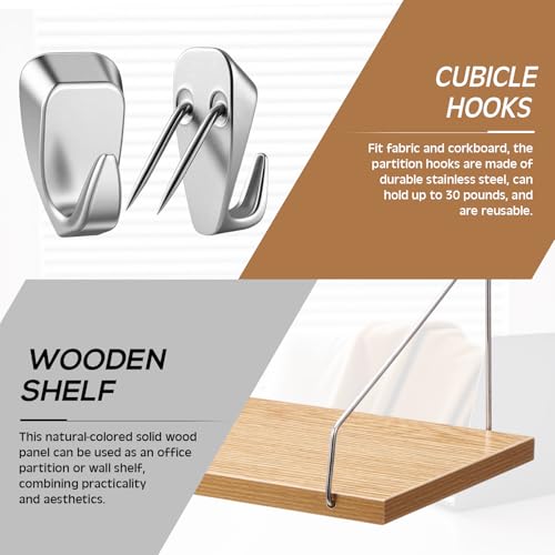 Quzzil 1 Pack Fabric Wall Cubicle Shelf with 40 Lbs Metal Hooks for Wall Decor, 11.8'' Solid Wooden Hanging Organizer Storage Shelf with Hangers Cubicle Accessories for Women Men Desk Office - Image 3