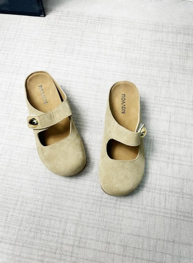 Take Two Women Beige Suede Buckle Detail Slides