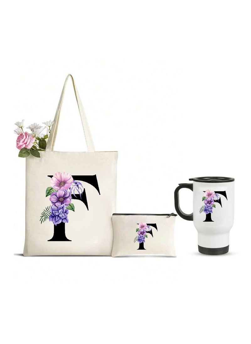 PRINTSHOP4ME Initial Letters Canvas Cotton Tote Bag, Cosmetic Pouch, and Stainless Steel Travel Mug - A Stylish Pack of 3 Combo Set for Girls - Gift for wedding - Gifts for girls - Gift for friends  - Image 1
