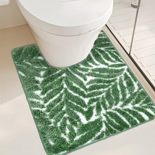 Homantic Dark Green U Shaped Toilet Mat for Bathroom Floor 24x20 Non Slip Washable Water Absorbent Cute Bathroom Decor Leaf Contour Bath Mat - Image 1