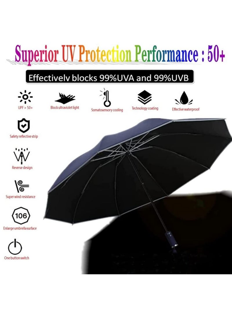 Generic - UPF 50 Plus UV Protection Travel Umbrella Automatic Open Close Reverse Folding Compact Windproof Lightweight Sunscreen Umbrella with Reflective Strip for Men Women Blue - Image 1