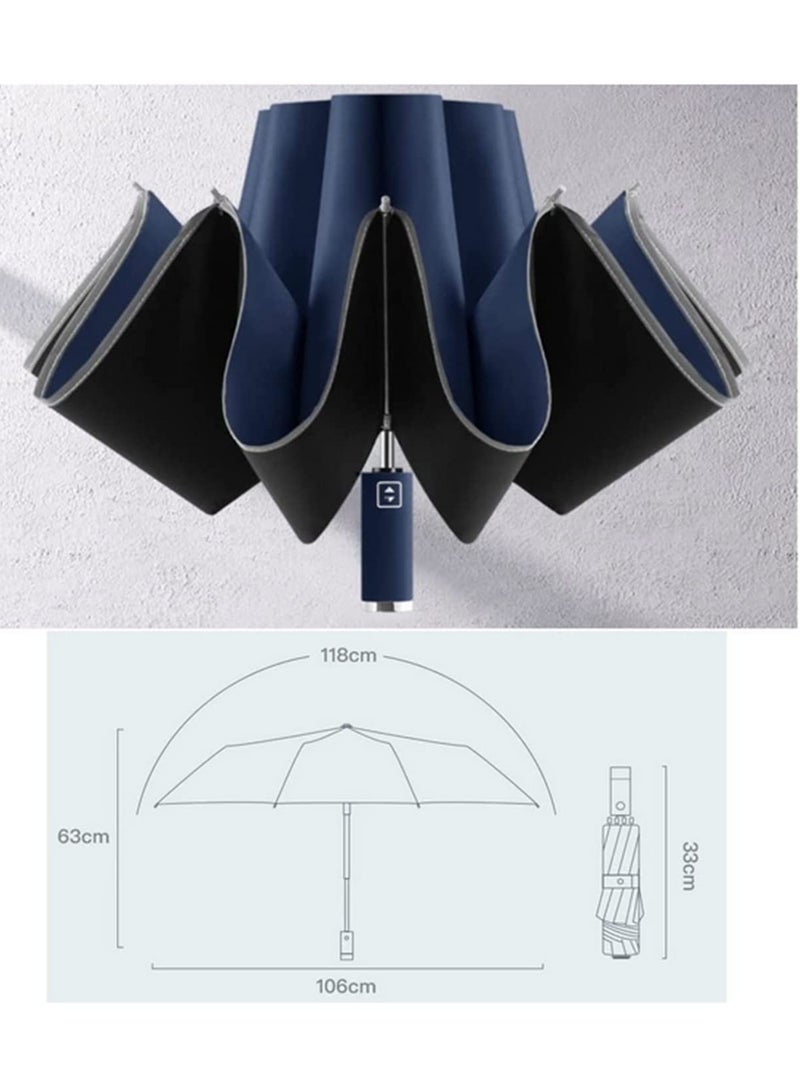 مظلة سفر مضادة للأشعة فوق البنفسجية UPF 50+، تفتح وتغلق أوتوماتيكياً، قابلة للطي العكسي، مضادة للرياح، خفيفة الوزن، مع شريط عاكس للرجال والنساء - أزرق - Image 3