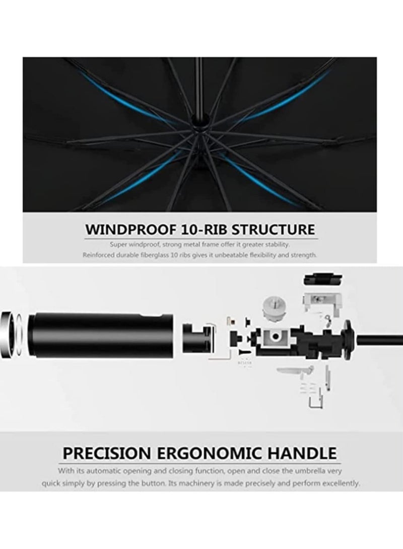 مظلة سفر مضادة للأشعة فوق البنفسجية UPF 50+، تفتح وتغلق أوتوماتيكياً، قابلة للطي العكسي، مضادة للرياح، خفيفة الوزن، مع شريط عاكس للرجال والنساء - أزرق - Image 4