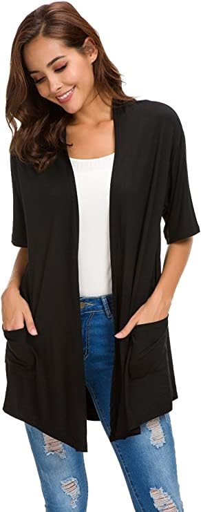 ADANIKI Womens Short Sleeve Open Front Lightweight Casual Comfy Long Line Drape Hem Soft Modal Cardigans Sweater with Two Pockets (Black, M) - Image 2