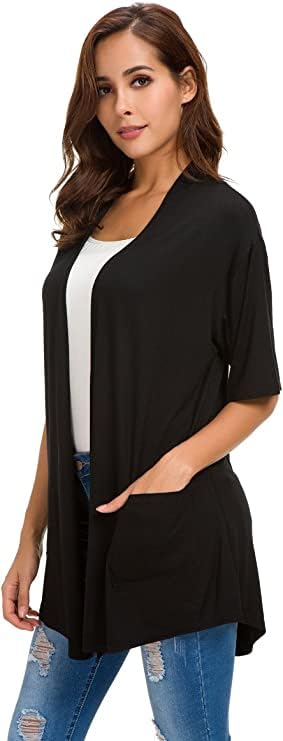 ADANIKI Womens Short Sleeve Open Front Lightweight Casual Comfy Long Line Drape Hem Soft Modal Cardigans Sweater with Two Pockets (Black, M) - Image 5