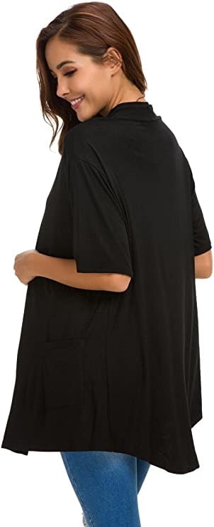 ADANIKI Womens Short Sleeve Open Front Lightweight Casual Comfy Long Line Drape Hem Soft Modal Cardigans Sweater with Two Pockets (Black, M) - Image 4