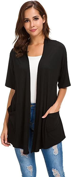 ADANIKI Womens Short Sleeve Open Front Lightweight Casual Comfy Long Line Drape Hem Soft Modal Cardigans Sweater with Two Pockets (Black, M) - Image 1