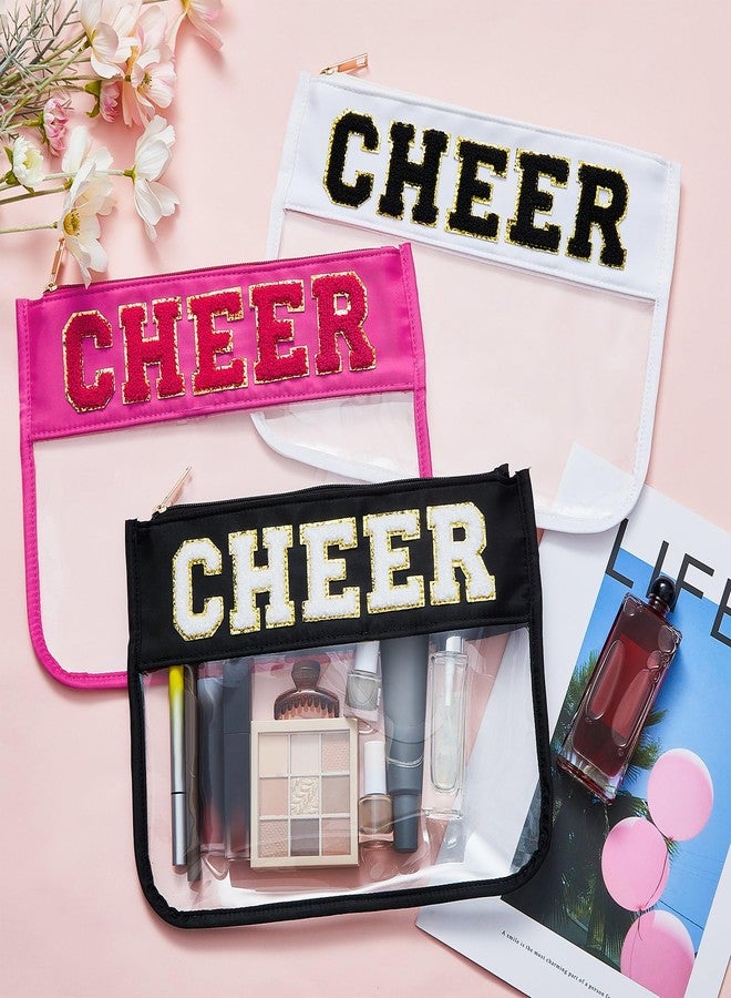 Aliceset 6 Pcs Cheer Chenille Letter Preppy Patch Makeup Snack Bags,Gift for Women Waterproof PVC Cosmetic Organizer Storage,Flat Clear Portable Toiletry Zipper Pouch(Black,White,Hot Pink) - Image 2