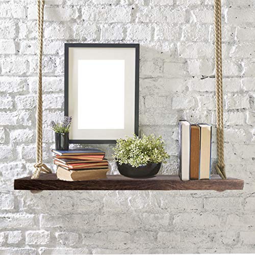 Yankario Rope Hanging Floating Shelves, Rustic Wood Wall Decor Swing Shelf with 4 Hooks, Pack of 2 - Image 5