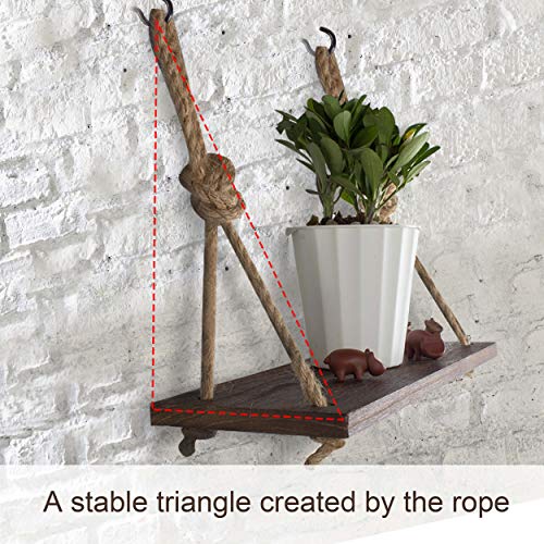 Yankario Rope Hanging Floating Shelves, Rustic Wood Wall Decor Swing Shelf with 4 Hooks, Pack of 2 - Image 2
