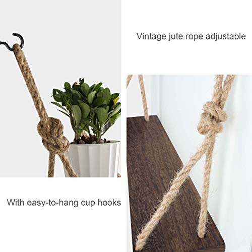 Yankario Rope Hanging Floating Shelves, Rustic Wood Wall Decor Swing Shelf with 4 Hooks, Pack of 2 - Image 3