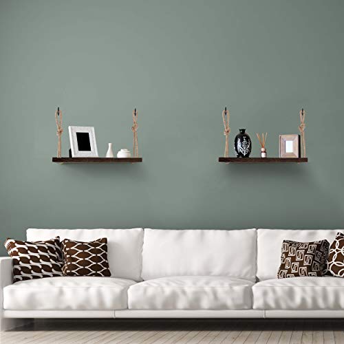 Yankario Rope Hanging Floating Shelves, Rustic Wood Wall Decor Swing Shelf with 4 Hooks, Pack of 2 - Image 4