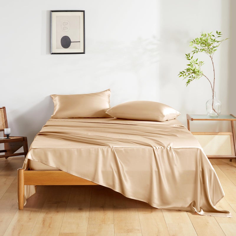 THXSILK Silk Sheet Set 4 Pcs Queen Size Sheet Set Soft Breathable Cooling Bed Sheets with 1 Flat Sheet 1 Fitted Sheet 2 Pillowcases with Zipper Closure Champagne - Image 2