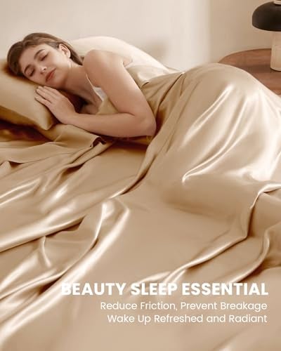 THXSILK Silk Sheet Set 4 Pcs Queen Size Sheet Set Soft Breathable Cooling Bed Sheets with 1 Flat Sheet 1 Fitted Sheet 2 Pillowcases with Zipper Closure Champagne - Image 3