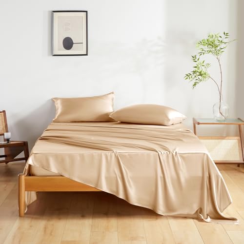 THXSILK Silk Sheet Set 4 Pcs Queen Size Sheet Set Soft Breathable Cooling Bed Sheets with 1 Flat Sheet 1 Fitted Sheet 2 Pillowcases with Zipper Closure Champagne - Image 1