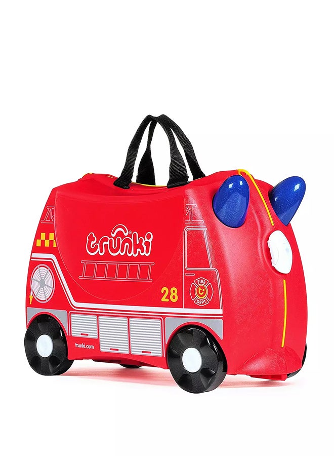 Trunki Frank Fire Engine Red Ride-On Suitcase for Kids, Carry-On Cabin Luggage with Wheels, Tow Strap and Storage for Family Travel - Image 1
