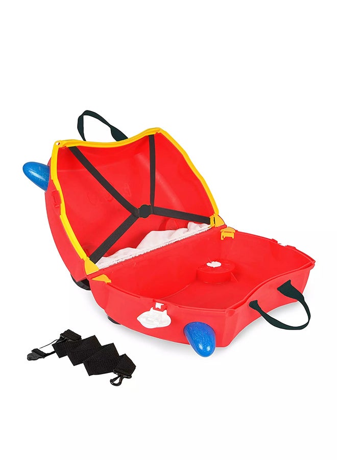 Trunki Frank Fire Engine Red Ride-On Suitcase for Kids, Carry-On Cabin Luggage with Wheels, Tow Strap and Storage for Family Travel - Image 2