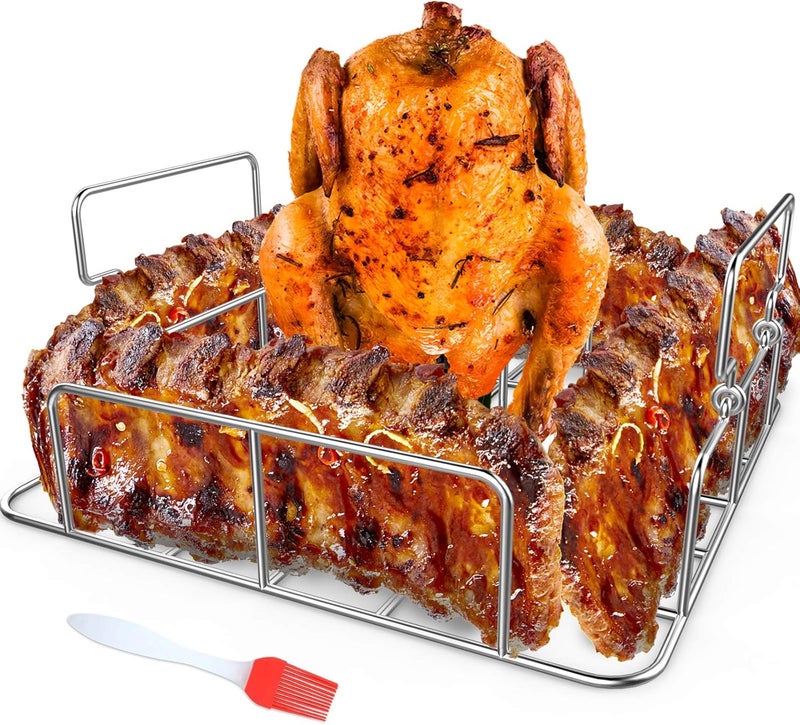 RUSFOL Beercan Chicken Roaster and Rib Rack with a Silicone Oil Brush, Square Stainless Steel BBQ Stand for Smoker,Oven and Grill, Cook Up to 4 Ribs and a Whole Chicken at a time - Image 1
