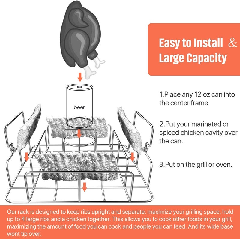 RUSFOL Beercan Chicken Roaster and Rib Rack with a Silicone Oil Brush, Square Stainless Steel BBQ Stand for Smoker,Oven and Grill, Cook Up to 4 Ribs and a Whole Chicken at a time - Image 4