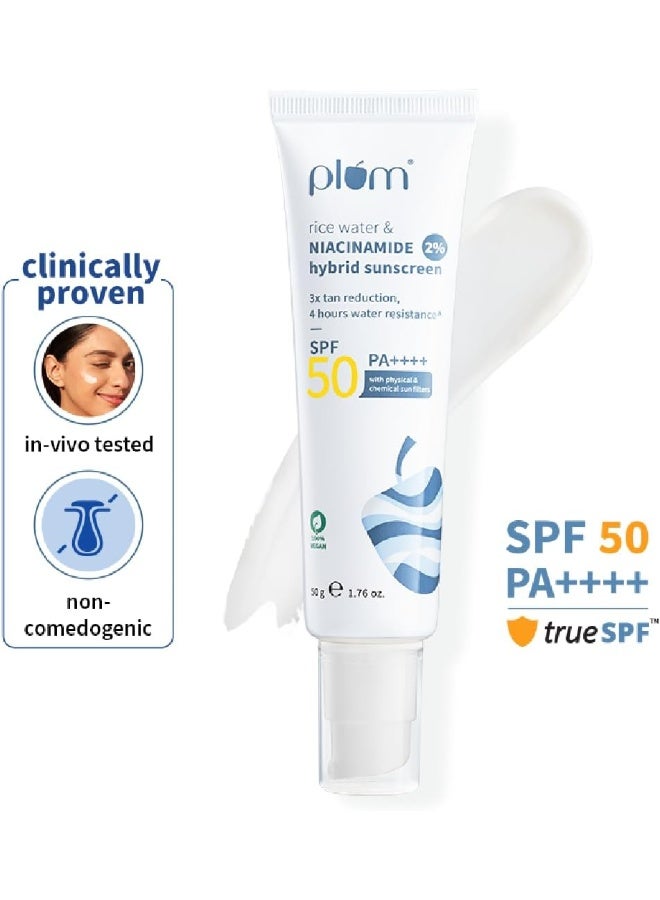 Plum Rice Water And 2% Niacinamide Hybrid Sunscreen 50g | SPF50 PA++++ | Broad Spectrum UVA/UVB And Blue Light Protection | Oil Control, No White Cast, 4Hr Water Resistant, 1.76 oz - Image 2
