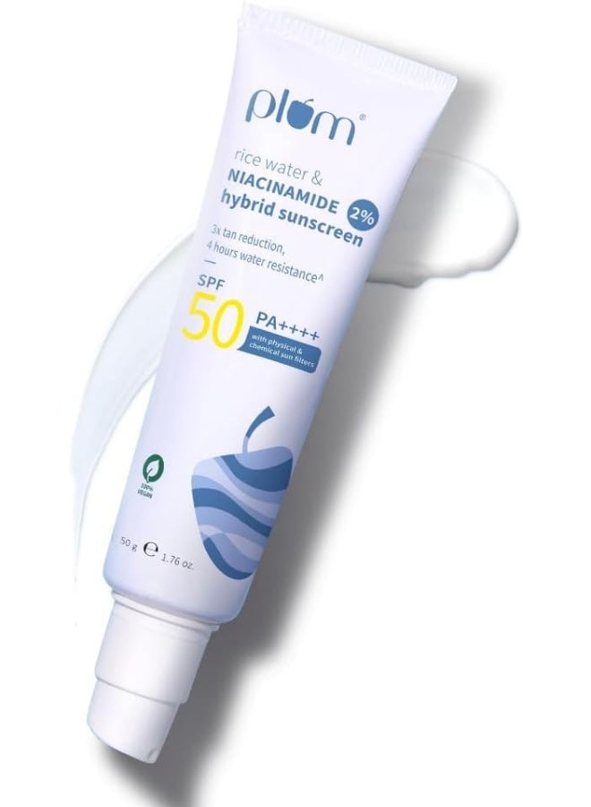 Plum Rice Water And 2% Niacinamide Hybrid Sunscreen 50g | SPF50 PA++++ | Broad Spectrum UVA/UVB And Blue Light Protection | Oil Control, No White Cast, 4Hr Water Resistant, 1.76 oz - Image 1