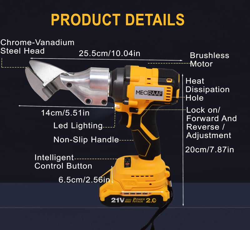 MECRAAF® 21V Cordless Brushless Metal Shear | Heavy Duty Scissors for Cutting Metal | Iron | Stainless Steel | Carpet and Cardboard | Variable Speed | 2X 2.0Ah Batteries | (6 months motor warranty) - Image 5