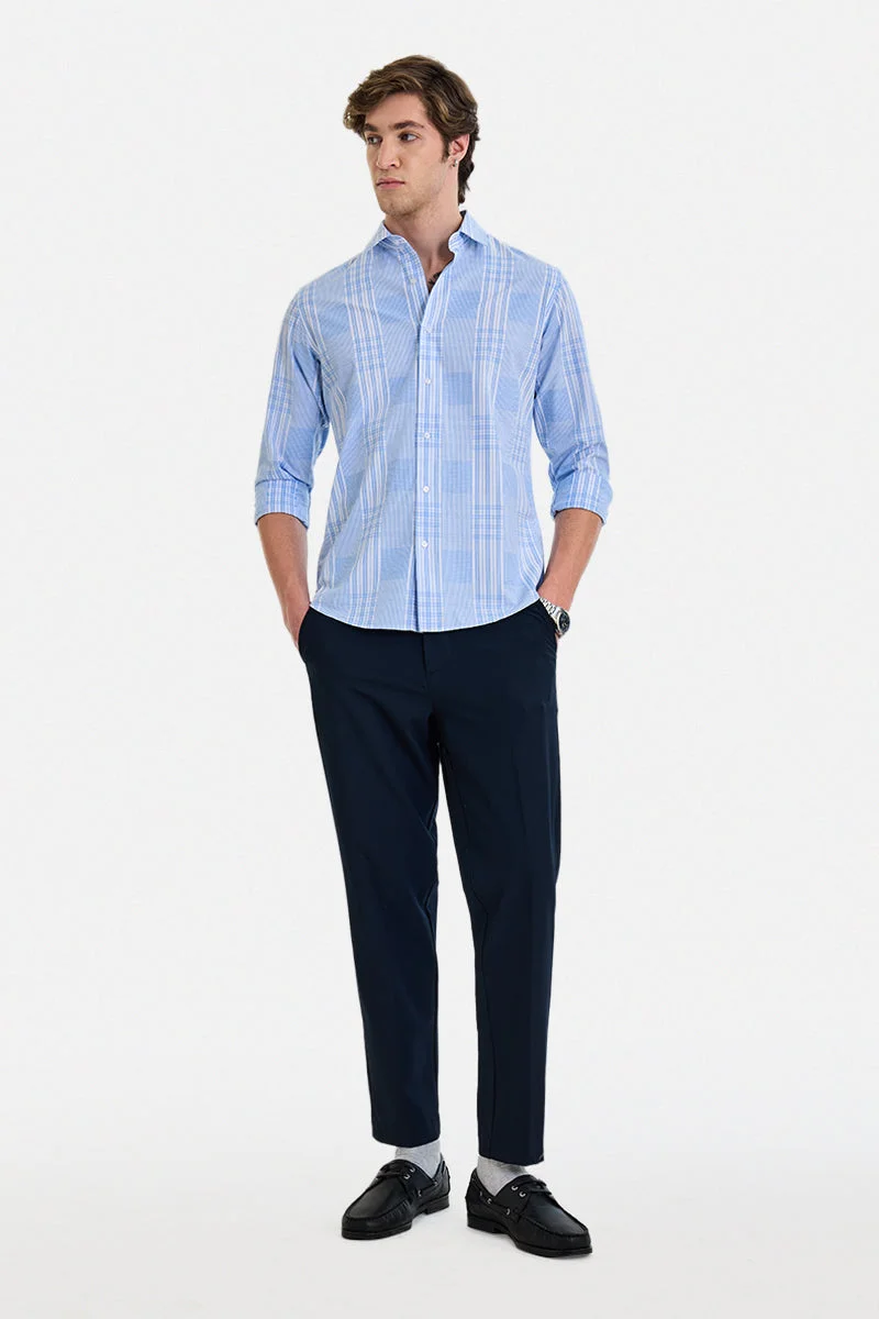 SNITCH Light Blue Checkered Long Sleeve Slim Fit Formal Luxe Shirt