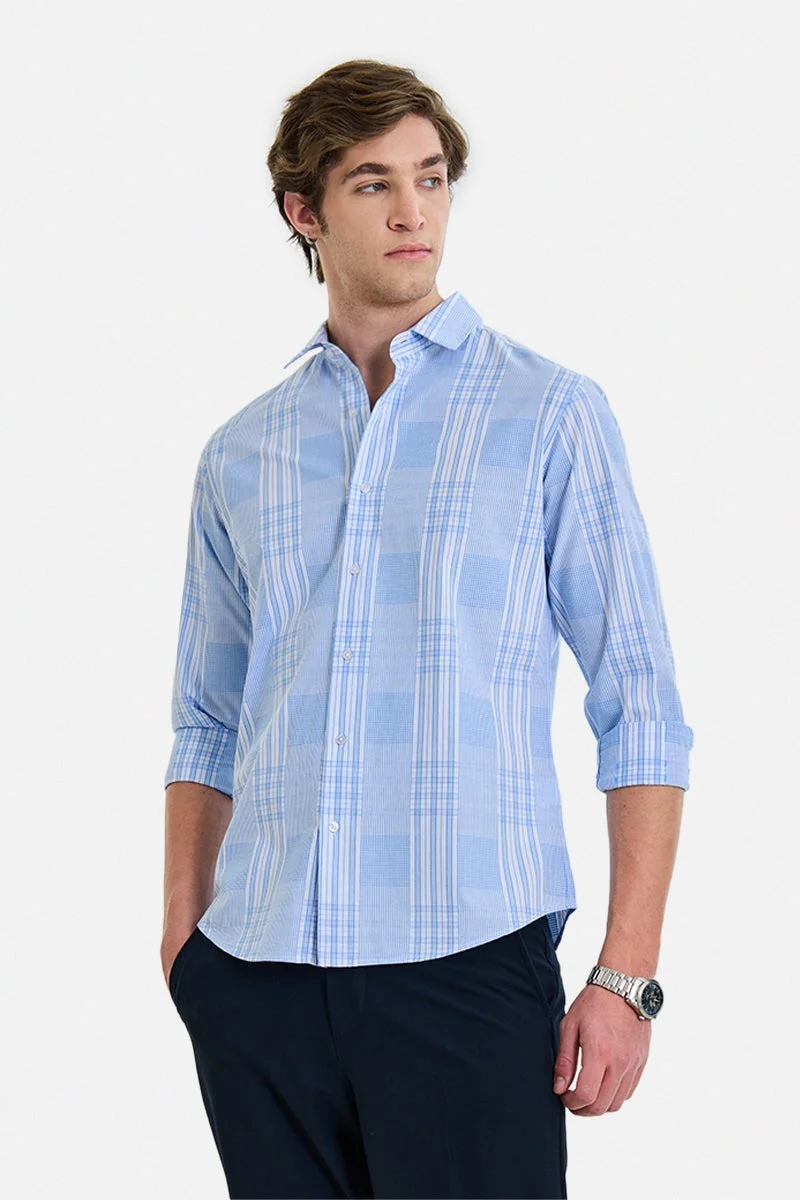 سنيتش Light Blue Checkered Long Sleeve Slim Fit Formal Luxe Shirt