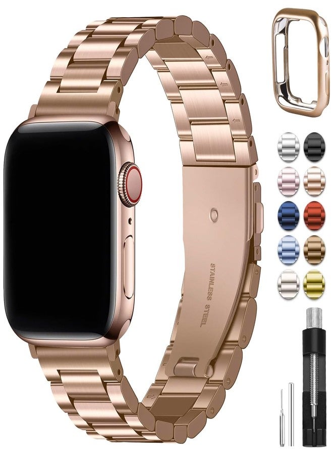 فولموزا سوار فولموسا المعدني متوافق مع أساور ساعة أبل 45 مم و44 مم و42 مم، سوار iWatch مع حافظة لساعة أبل سلسلة 9 و8 و7 و6 و5 و4 و3 و2 و1 SE3/2/1، باللون الذهبي الوردي - Image 1