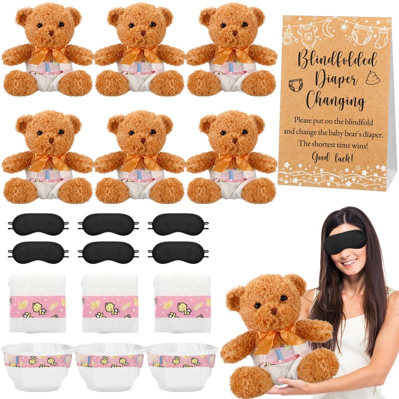 Simgoing 19 Piece Bear Themed Baby Shower Diaper Changing Game Supplies Include 12 inch Bear Dolls Blindfold Diapers Games Prizes for Adult Gender Reveal Raffle Party(Light Brown) - Image 1