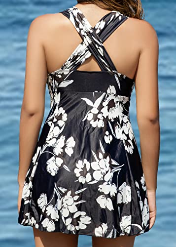 COCOPEAR Women's Elegant Crossover One Piece Swimdress Floral Skirted Swimsuit Black Floral XL/10-12 - Image 3