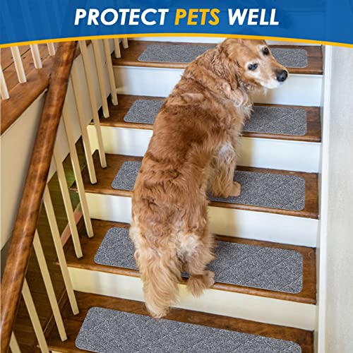 RIOLAND Stair Treads Carpet Non-Slip Indoor 15 PCS Wood Stair Treads Rugs Anti Moving Modern Stair Runners Safety for Kids Dogs, 8" X 30", Diamond Light Gray - Image 3