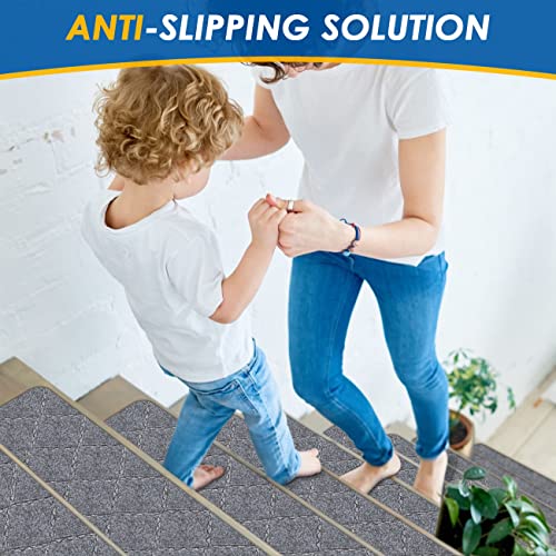 RIOLAND Stair Treads Carpet Non-Slip Indoor 15 PCS Wood Stair Treads Rugs Anti Moving Modern Stair Runners Safety for Kids Dogs, 8" X 30", Diamond Light Gray - Image 2