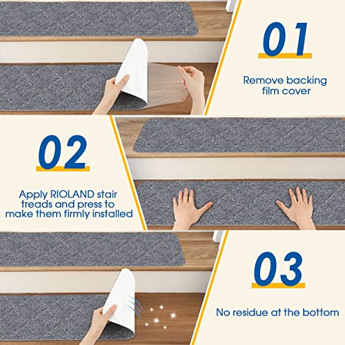 RIOLAND Stair Treads Carpet Non-Slip Indoor 15 PCS Wood Stair Treads Rugs Anti Moving Modern Stair Runners Safety for Kids Dogs, 8" X 30", Diamond Light Gray - Image 4