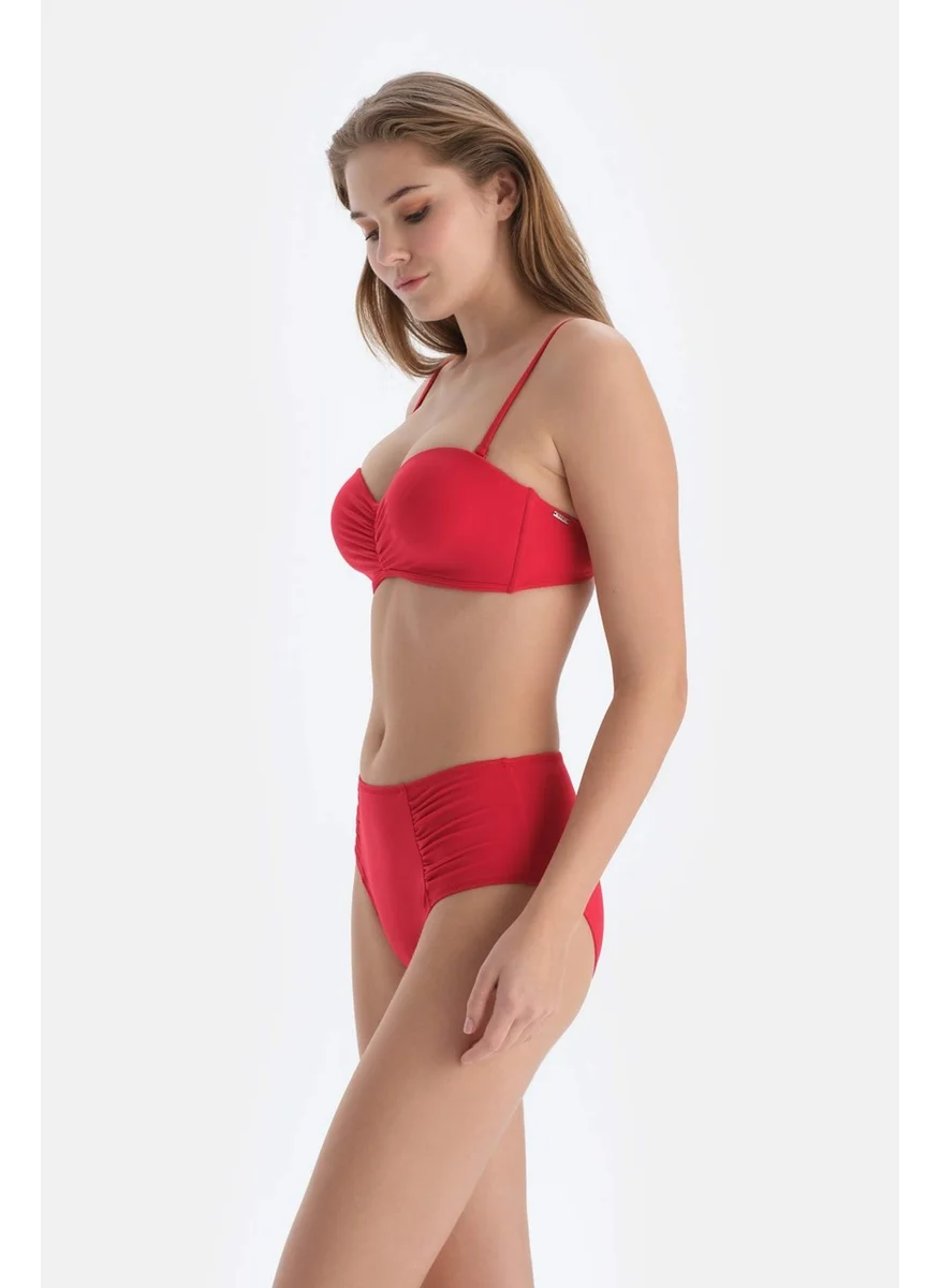dagi Red Side Draped High Waist Bottom