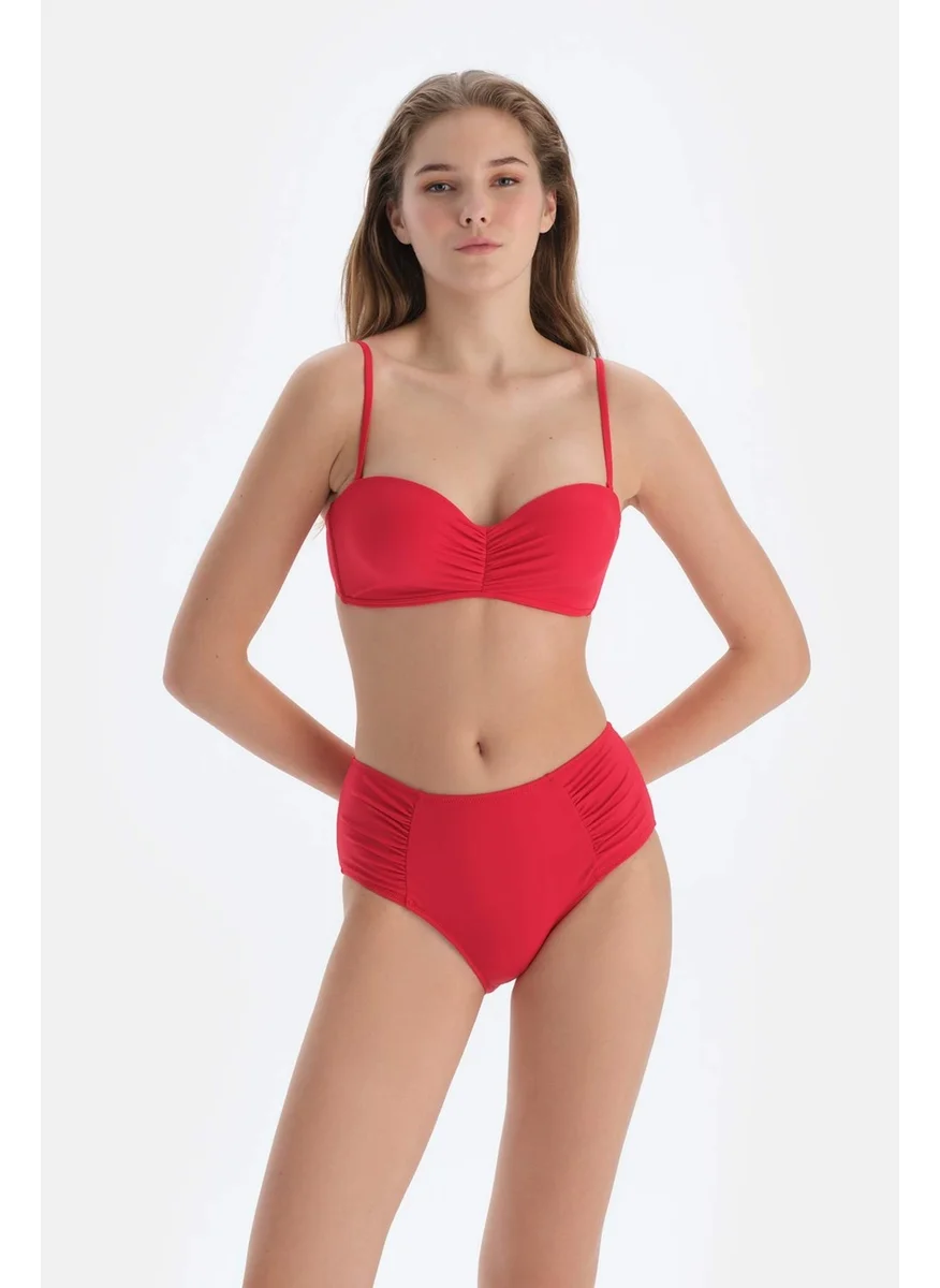 dagi Red Side Draped High Waist Bottom