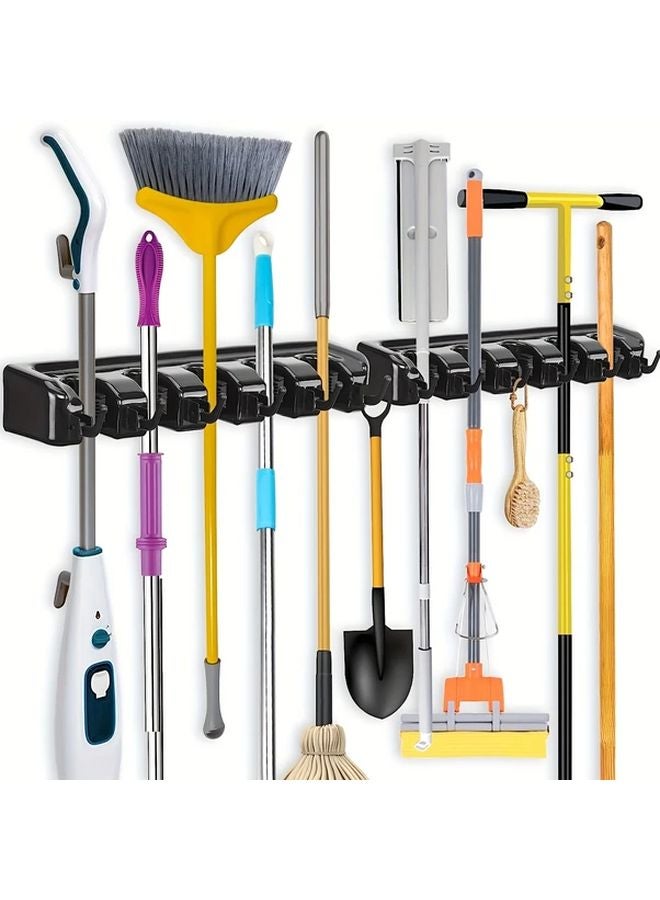 Black Heavy Duty Wall Mounted Storage Rack With Hooks For Mop Broom Garage Bathroom Kitchen - Image 2