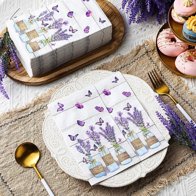 Seajan 200 Pcs Purple Lavender Guest Napkins Floral Disposable Hand Towels for Bathroom Rustic Butterfly Guest Towels Purple Flowers Paper Napkins for Birthday Wedding Home Bathroom Kitchen Holiday - Image 2