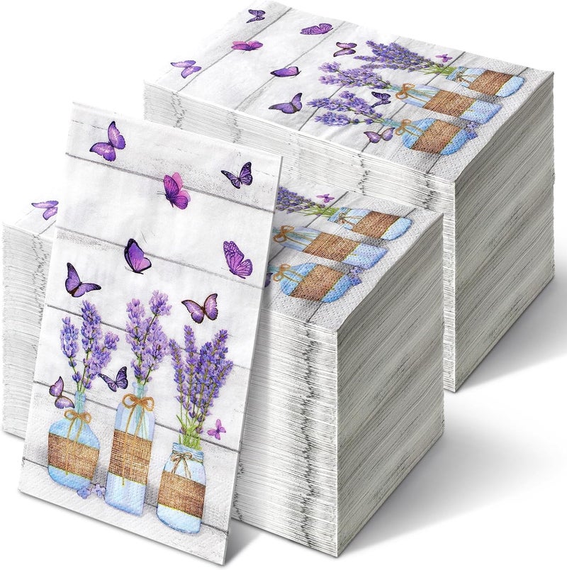 Seajan 200 Pcs Purple Lavender Guest Napkins Floral Disposable Hand Towels for Bathroom Rustic Butterfly Guest Towels Purple Flowers Paper Napkins for Birthday Wedding Home Bathroom Kitchen Holiday - Image 1