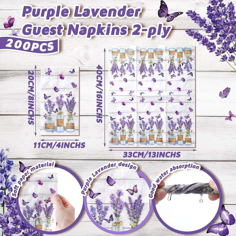 Seajan 200 Pcs Purple Lavender Guest Napkins Floral Disposable Hand Towels for Bathroom Rustic Butterfly Guest Towels Purple Flowers Paper Napkins for Birthday Wedding Home Bathroom Kitchen Holiday - Image 3